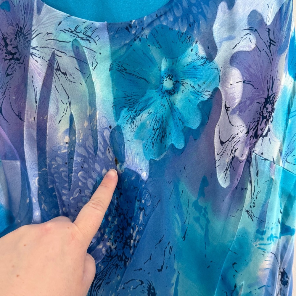 Vintage La Bottega Midi Dress Womens XL Blue Floral Watercolor Tiered Silk Fairy - Picture 5 of 9